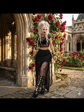 Gothic Black High-Low Layered Ruffle Maxi Skirt - Women's